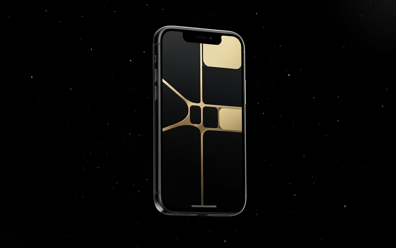 Dunkles Smartphone mit goldenem Layout im schwarzen Raum